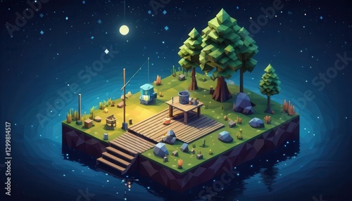 Tranquil Night Scene on a Floating Island with Trees, Fishing Gear, and Stars in a Starry Sky, Perfect for Calmness and Serenity Decor photo