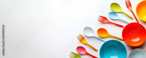 Vivid Kitchenware Display Utensils and Colorful Bowls Arrangement Creative Tableware Presentation photo