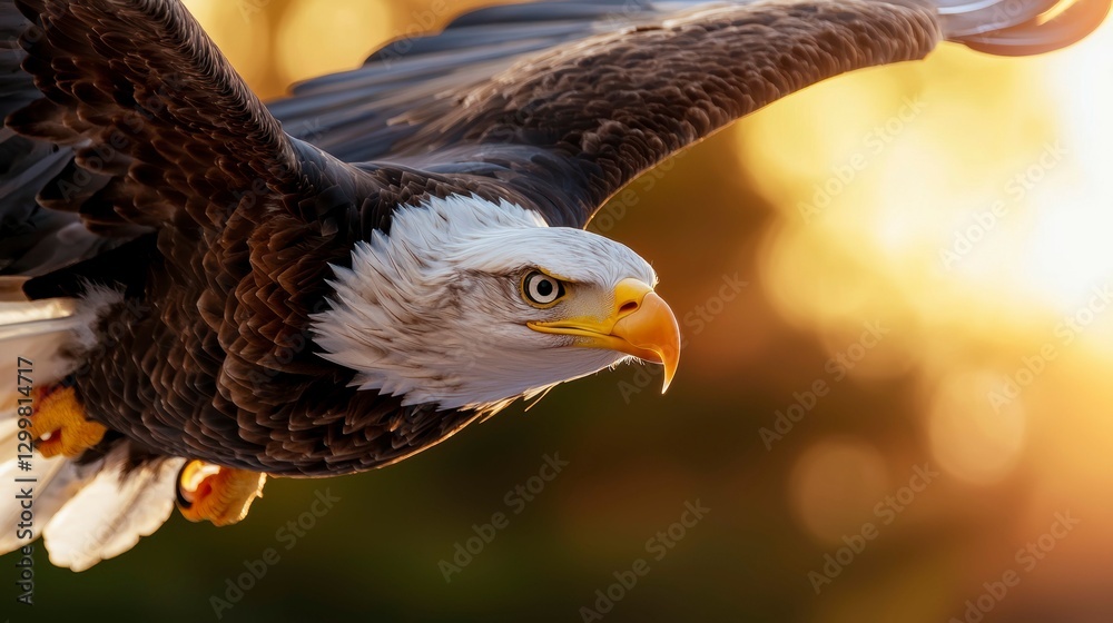 Naklejka premium Bald Eagle Soaring Golden Sunset Flight Majestic Bird