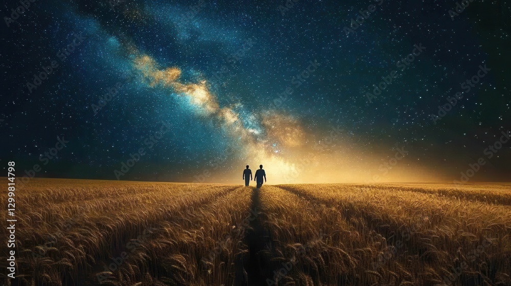 Fototapeta premium Two figures walk a field beneath a breathtaking Milky Way. Perfect for hope, journey, or adventure themes.