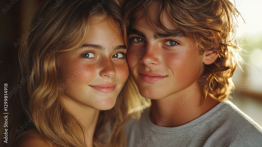 Teenage siblings reconciling after argument, subtle smiles breaking through, casual home setting Teenage siblings reconciling after argument, subtle smiles breaking through, casual home setting