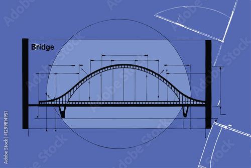 Artistic blueprint design of a futuristic suspension bridge, showcasing intricate details and innovative architectural elements.