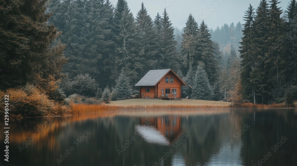 Obraz premium Serene Wooden Cabin Surrounded by Lush Evergreen Forest and Water