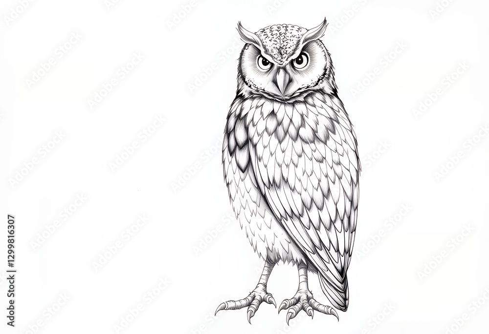 Fototapeta premium Detailed Owl Standing Sketch Drawn with Fine Lines on White Background