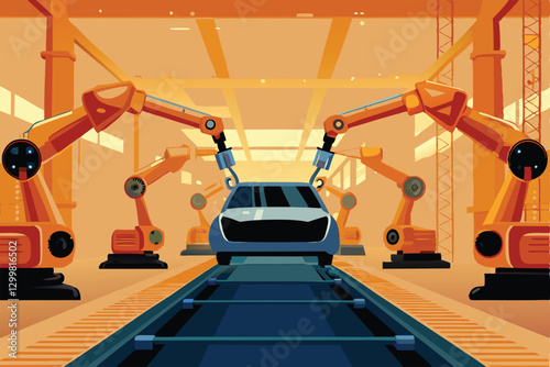 A high-tech car manufacturing factory showcasing robotic arms assembling vehicle components on an automated production line.