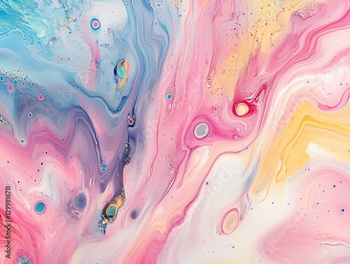 Abstract Fluid Acrylic Painting: Swirls of Pink, Blue, and Yellow
