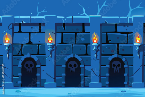 A weathered castle wall, menacingly decorated with human skulls and illuminated by flickering flaming torches at night.