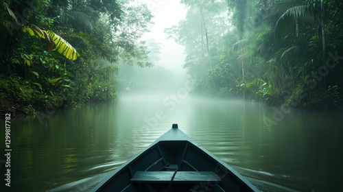Fototapeta Naklejka Na Ścianę i Meble -  A person taking a boat tour through a jungle river, with space for text in the misty background

