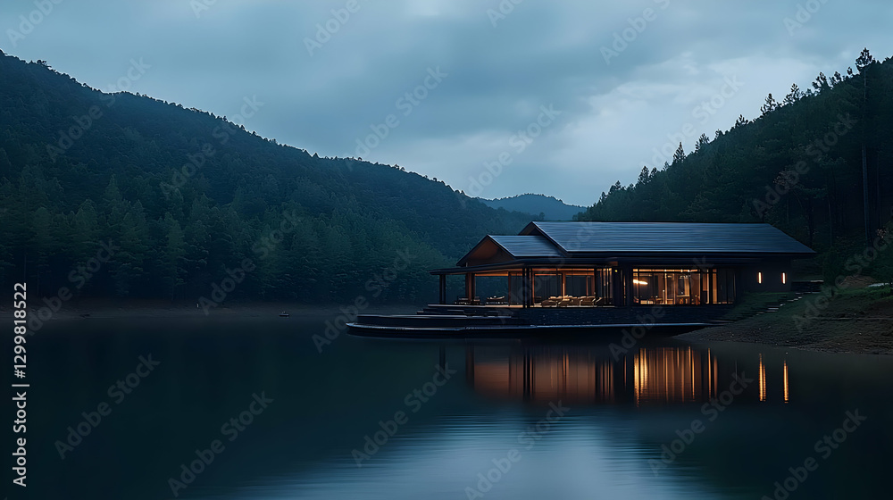 Obraz premium Wooden Lakeside House Illuminated Under a Cloudy Twilight Sky with Mountainous Backdrop