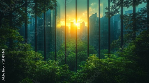Wallpaper Mural Sunrise cityscape viewed through lush green trees. Torontodigital.ca