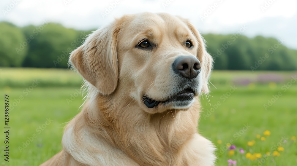 A loyal canine gazes into the distance while resting in a sunlit meadow, surrounded by vibrant wildflowers and rolling green hills A loyal canine gazes into the distance while resting in a sunlit meadow, surrounded by vibrant wildflowers and rolling green hills