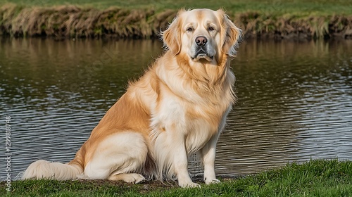 A loyal dog sits by the edge of a peaceful lake, its fur glowing in the golden sunset light as gentle ripples form on the water