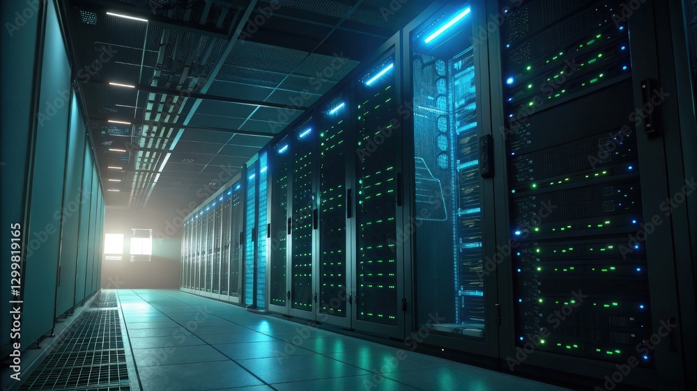 High-tech server room packed with numerous servers for enhanced data processing and storage capacity High-tech server room packed with numerous servers for enhanced data processing and storage capacity