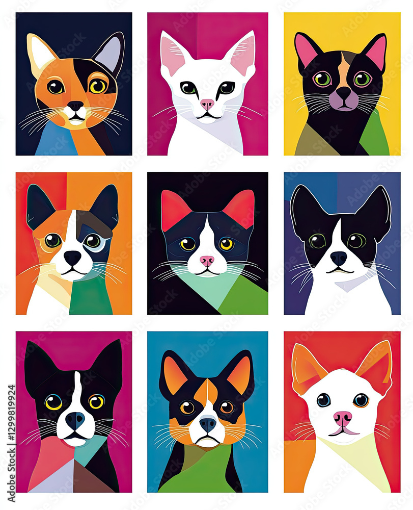 Fototapeta premium Colorful cat portraits on vibrant backgrounds