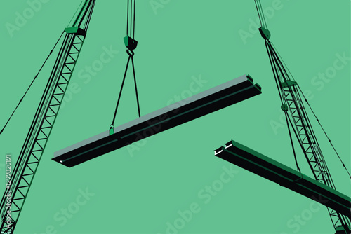 Abstract artwork depicting construction cranes and steel beams interwoven, creating a dynamic, almost chaotic, yet balanced composition.  Focus on interplay of lines and shapes.