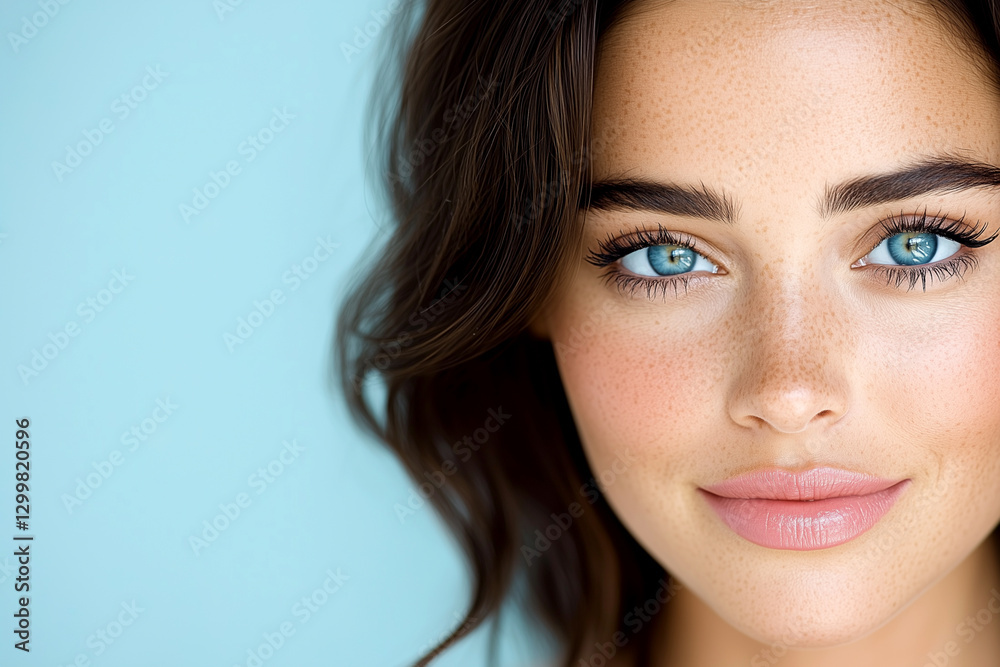 Obraz premium A woman with blue eyes and a pinkish tint to her lips. She has a smile on her face