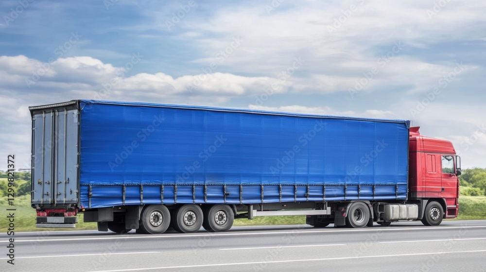Red Truck with Blue Trailer on Open Highway Under Clear Sky Red Truck with Blue Trailer on Open Highway Under Clear Sky