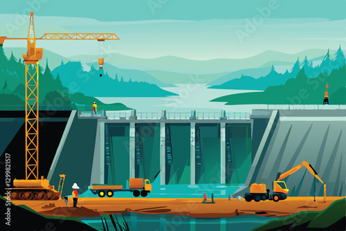 Detailed vector illustration of a dam construction site, showcasing heavy machinery, workers, and the partially completed dam structure against a scenic backdrop.