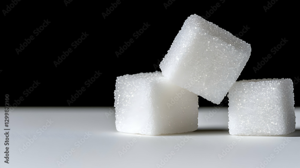 Three White Sugar Cubes Stacked on a White Surface Against a Black Background Three White Sugar Cubes Stacked on a White Surface Against a Black Background