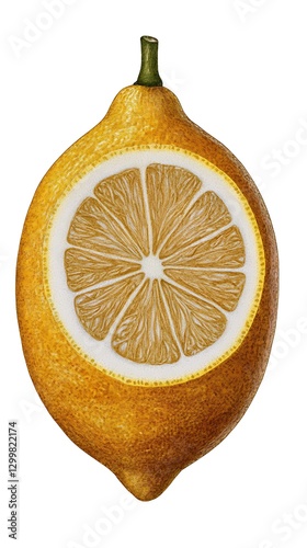 Isolated lemon with sliced center, graphic design, natural food photo