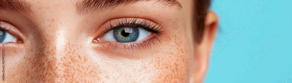 Fototapeta premium Closeup Freckled Face Blue Eyes Portrait Beauty Shot