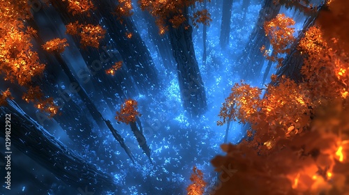 Aerial view of autumn forest, glowing blue ground, orange leaves, fantasy setting, game background
