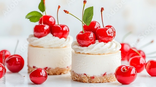 Cherry Topped Mini Cheesecakes Creamy Decadence Sweet Treats Fresh Fruit Dessert Indulgence Confectionery
