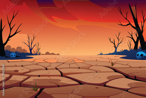 A desolate desert wasteland with cracked, parched earth, featuring a skeletal animal remnant.  Sun-bleached bones litter the arid landscape.