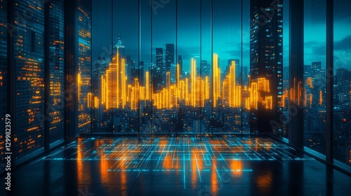 Wallpaper Mural Futuristic cityscape viewed from a modern, empty office space with glowing digital floor. Torontodigital.ca