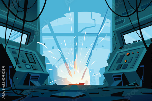 A futuristic science lab, ravaged by an explosion, with sparking wires and shattered equipment strewn across the floor.  Depict chaos and destruction.