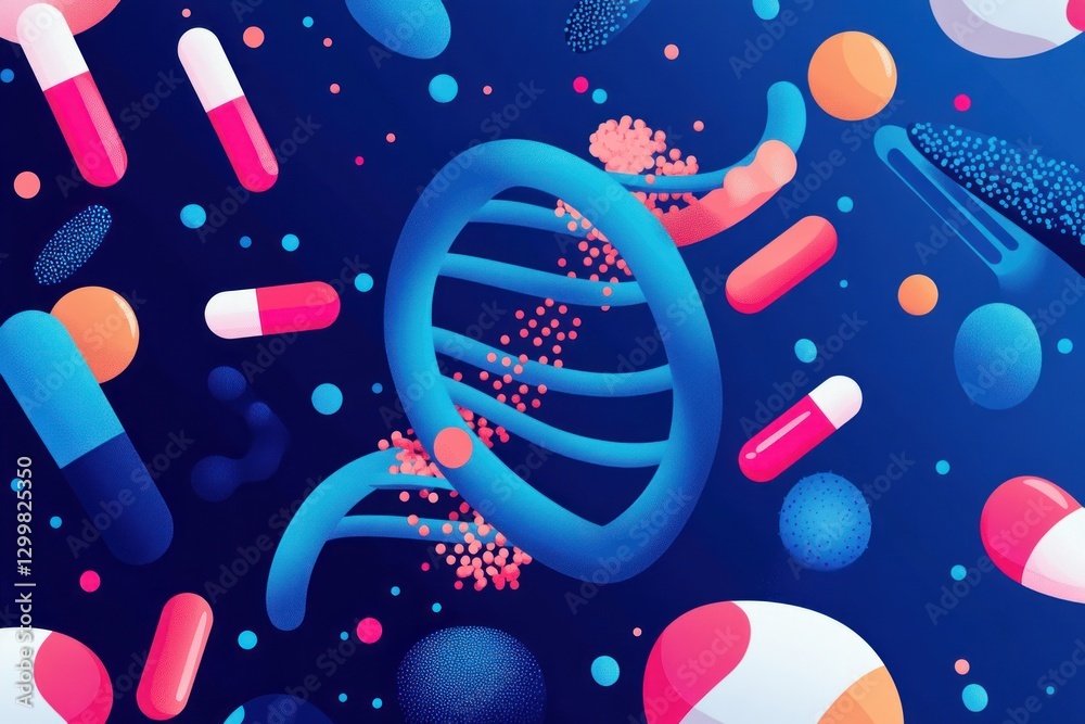 Fototapeta premium DNA strand with pills and molecules.