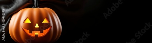 Eerily Lit Halloween Jack O Lantern Against a Dark Backdrop Smooth Black Cloth Festive Still Life photo