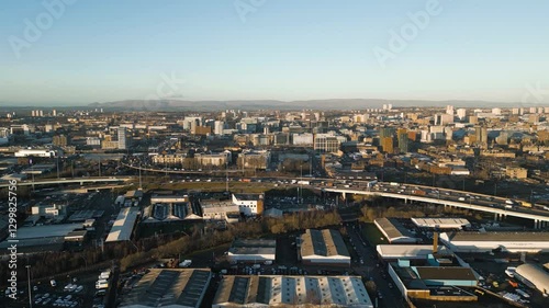 Aerial Push In of Glasgow City Centre M74, M8 Highway Showing Traffic photo