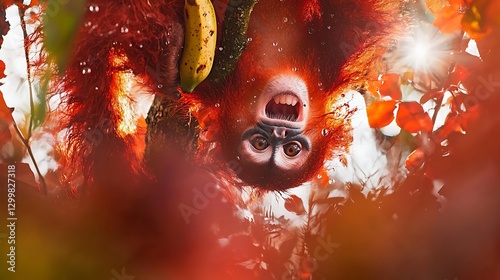 A mischievous monkey hanging upside down while plucking a juicy banana from a tree, its face full of excitement as it prepares to escape