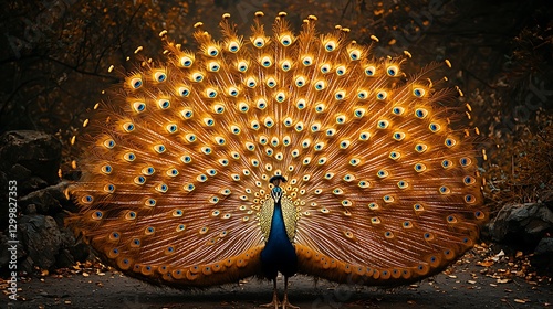 Golden Peacock displaying feathers, autumn forest background, wildlife photography, nature