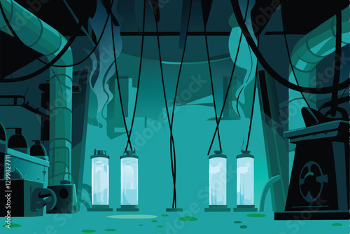 Render a sinister, dimly lit laboratory; bubbling green test tubes, sparking wires, metallic apparatus, ominous shadows.