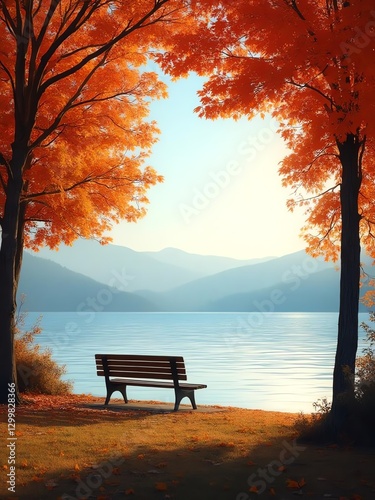 Autumn bench overlooking serene lake.