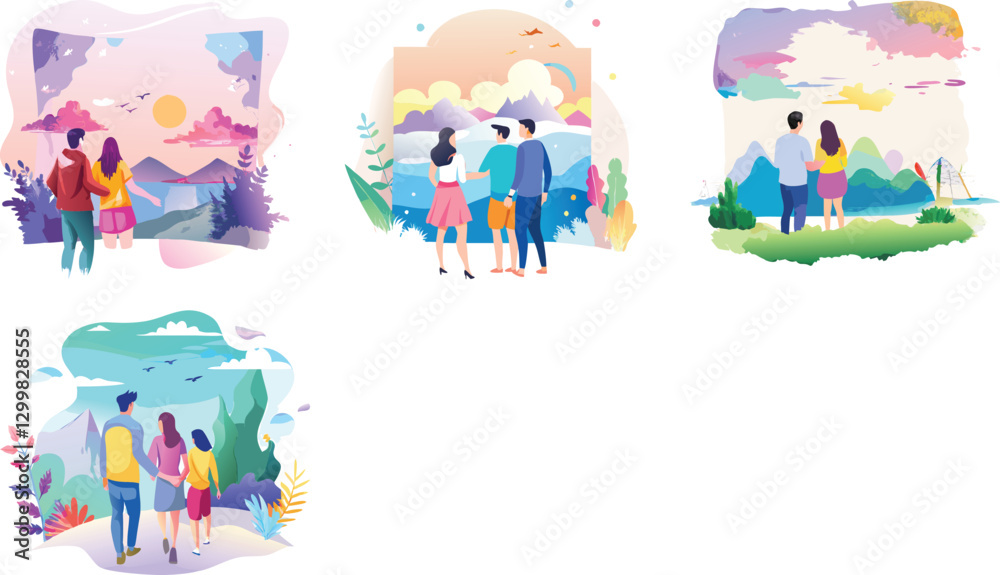 Fototapeta premium Scenery view men and women together watercolor vector art set 