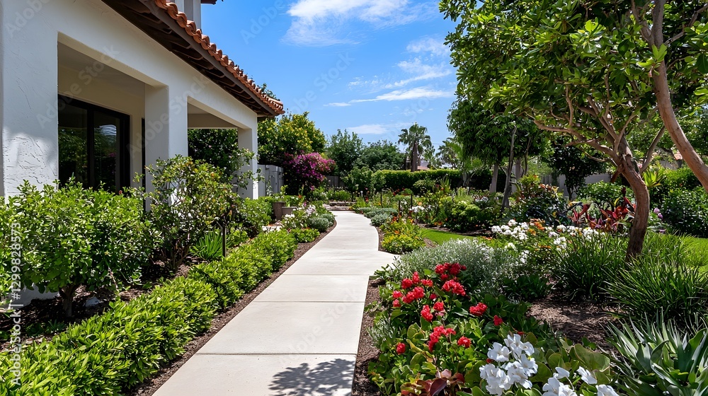 Naklejka premium Lush blooming flower garden pathway in residential landscape photography