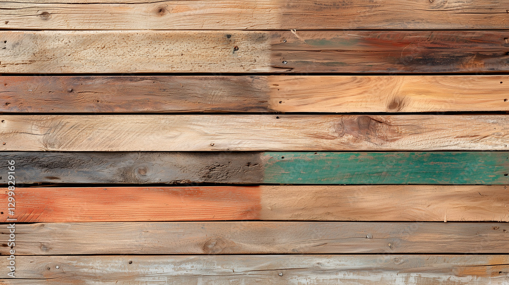 Naklejka premium A close-up view of a rustic wooden wall, showcasing various shades and textures of planks, with some stained and weathered for a vintage appearance.