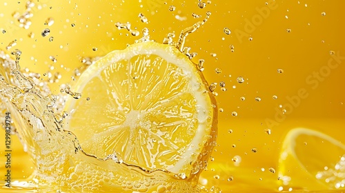 A dynamic splash of lemon-lime soda with bubbles creating ripples on a solid yellow background.