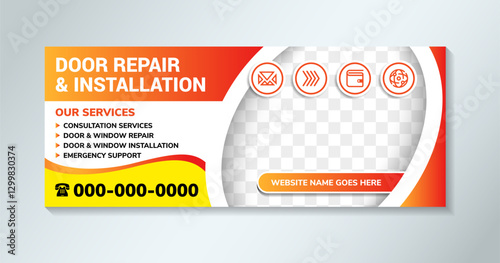 Door repair and installation web banner or landing page Automobile window installation. horizontal layout with space for photo collage. infographic element and shadow effect. 