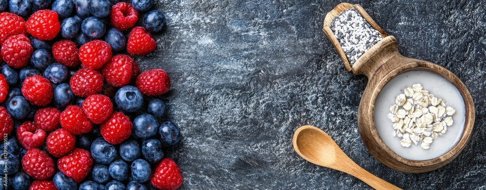 Fresh Berries and Oats in Rustic Bowl on Dark Stone Background for Healthy Eating Concepts Fresh Berries and Oats in Rustic Bowl on Dark Stone Background for Healthy Eating Concepts