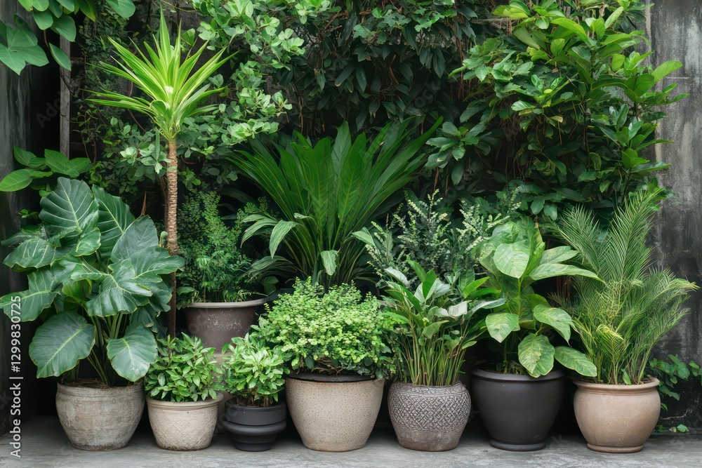 Fototapeta premium A symmetrical arrangement of multiple potted plants in varied planters, showcasing different greenery types.
