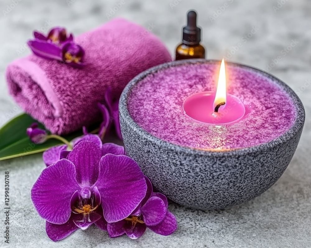 Relaxing Spa Setup with Orchid, Candle, Towel, and Essential Oil for Self-Care Moments Relaxing Spa Setup with Orchid, Candle, Towel, and Essential Oil for Self-Care Moments