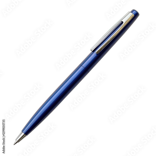 Elegant blue metallic pen isolated on transparent background, writing tool