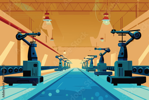 A futuristic factory interior showcasing advanced robotic machinery and a delivery drone amidst sleek, automated production lines.