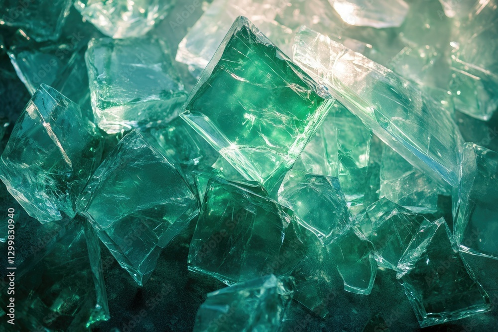 Obraz premium A pile of shattered, translucent, teal-green glass fragments reflecting light.