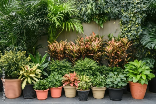 A symmetrical arrangement of multiple potted plants in varied planters, showcasing different greenery types.