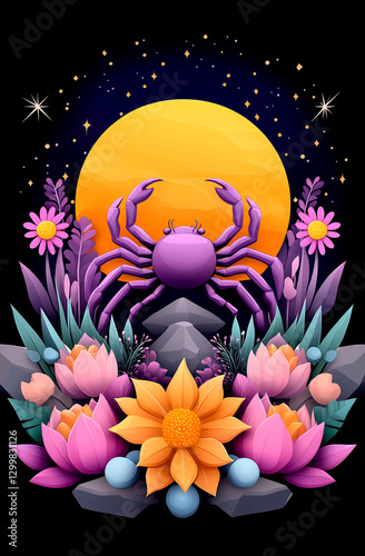 Colorful crab is surrounded by flowers and a large yellow sun. The crab is in the foreground and the flowers are in the background. The image has a whimsical and playful mood
